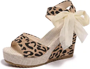 Women's waterproof platform leopard print sloping sandals, fashion bow ribbon lace-up design, platform thick bottom open toe wedge heels