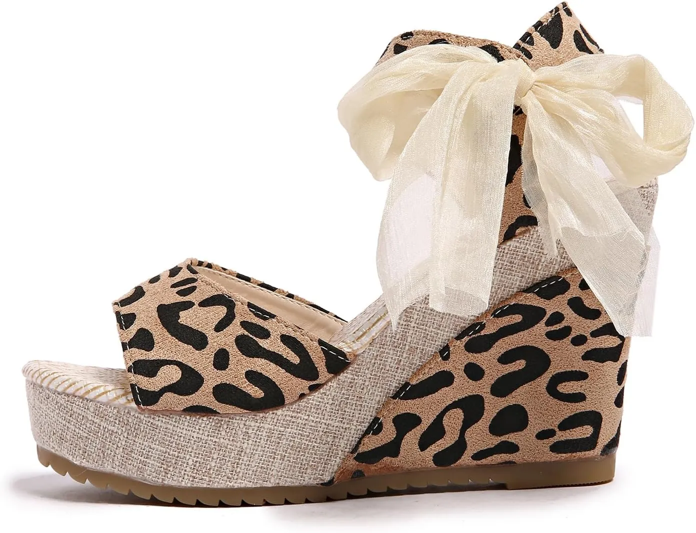 Women's waterproof platform leopard print sloping sandals, fashion bow ribbon lace-up design, platform thick bottom open toe wedge heels