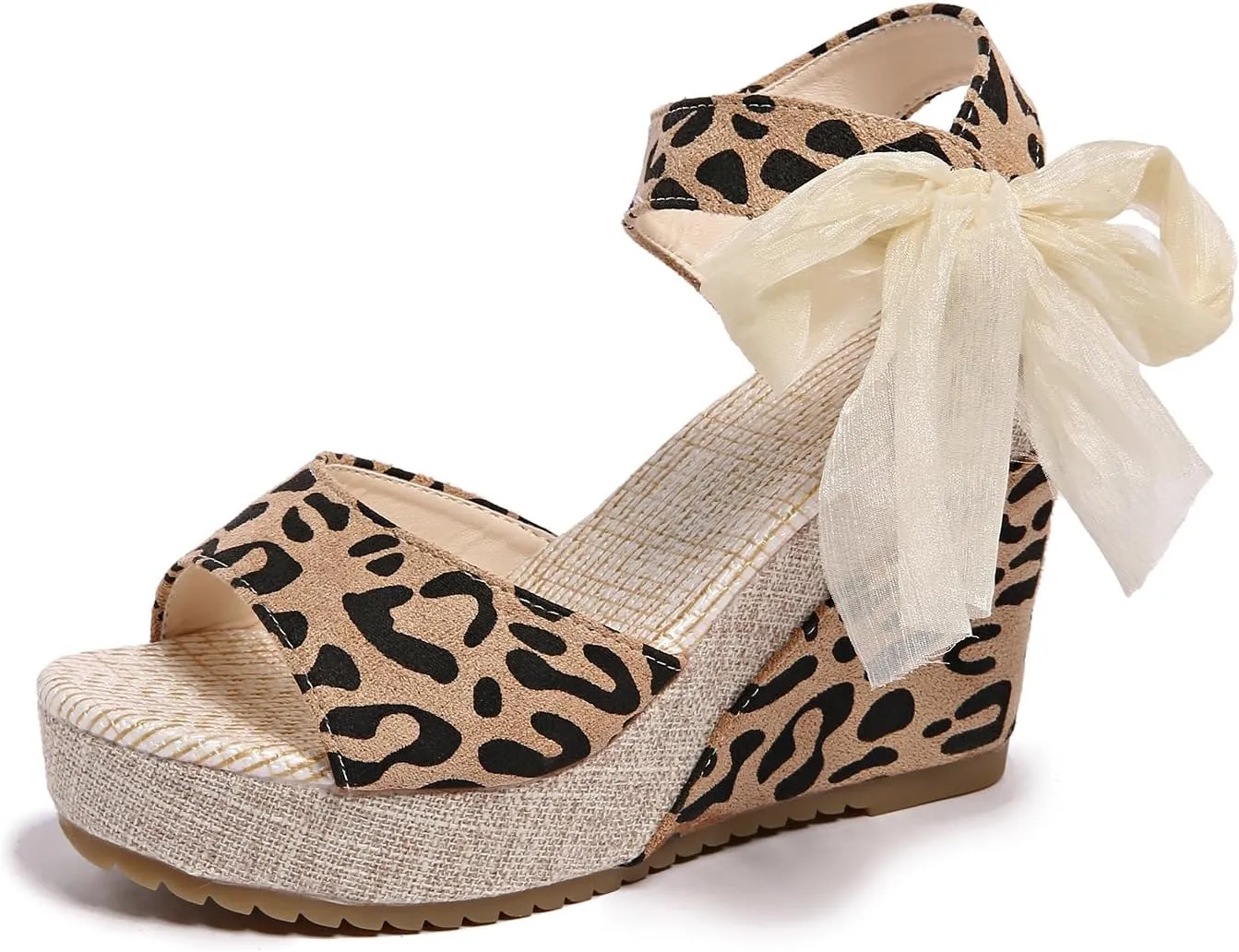 Women's waterproof platform leopard print sloping sandals, fashion bow ribbon lace-up design, platform thick bottom open toe wedge heels