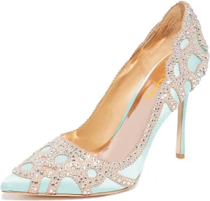 XYD Women Bridal High Heel Rhinestone Pumps Slip on Pointed Toe Stilettos Satin Wedding Dress Shoes