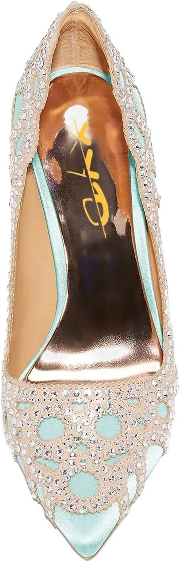 XYD Women Bridal High Heel Rhinestone Pumps Slip on Pointed Toe Stilettos Satin Wedding Dress Shoes