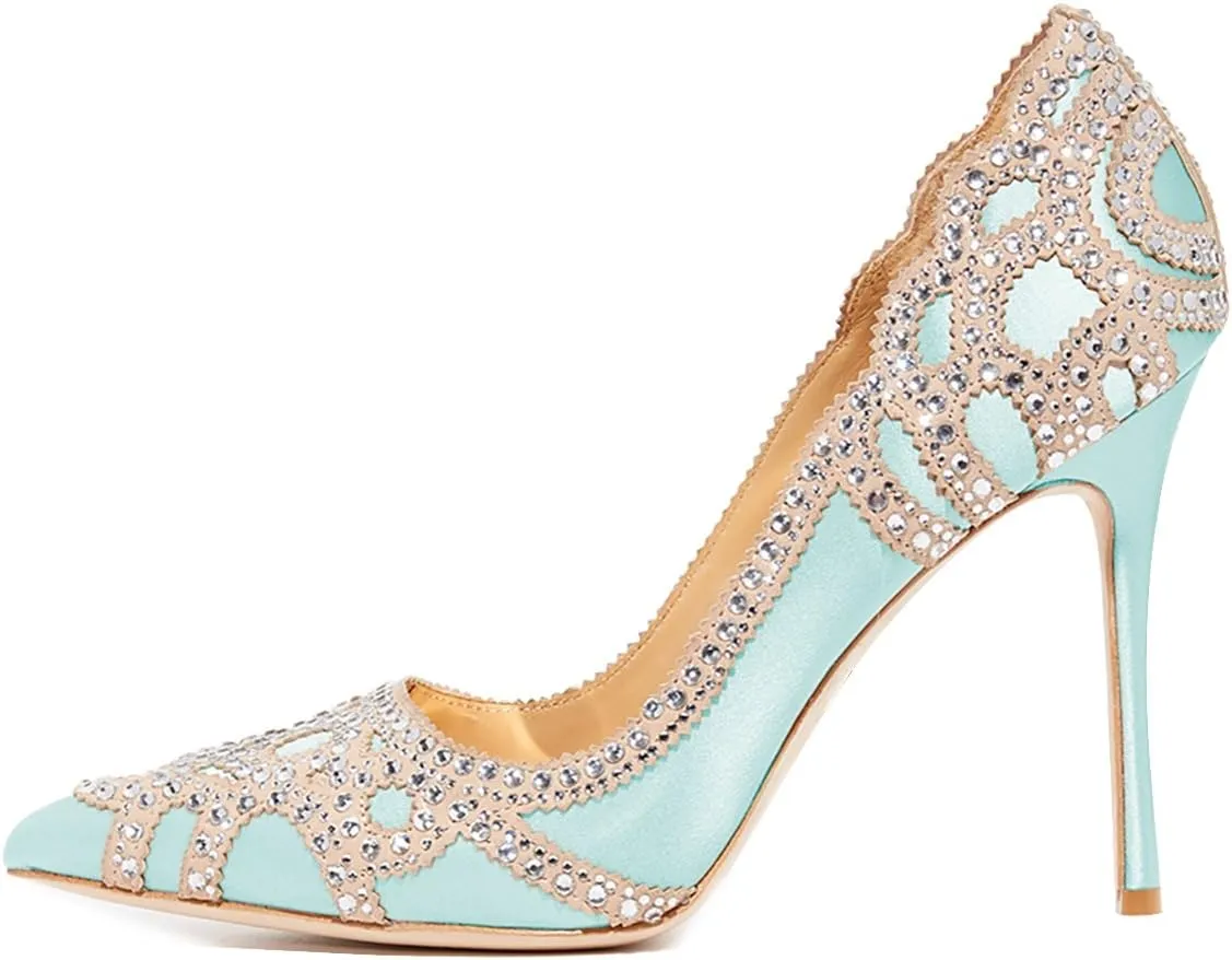 XYD Women Bridal High Heel Rhinestone Pumps Slip on Pointed Toe Stilettos Satin Wedding Dress Shoes