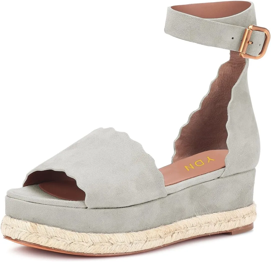 YDN Women Open Toe Platform Espadrille Sandals Ankle Strap Wedge Heel Pumps Wavy Edge Summer Shoes