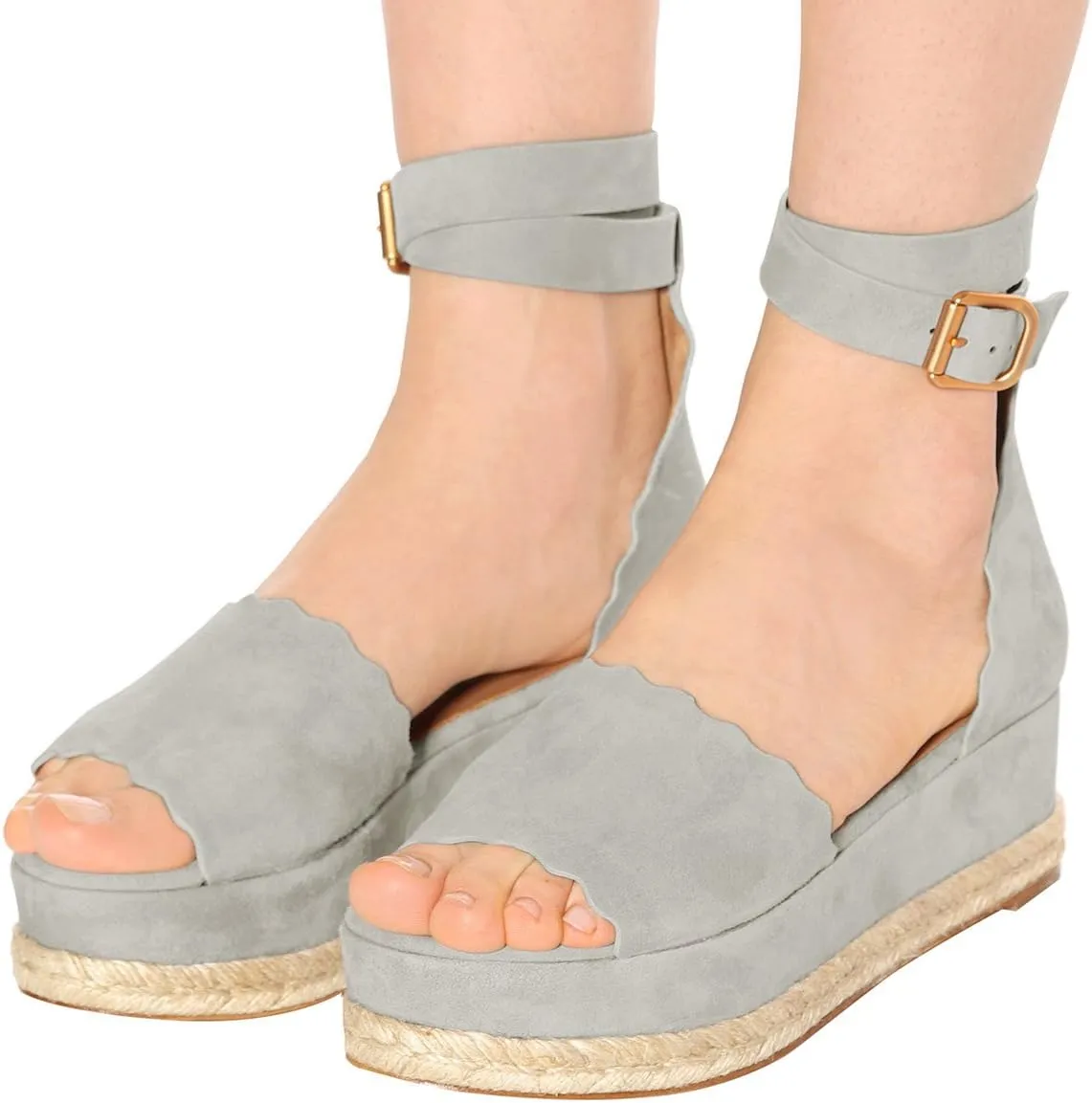 YDN Women Open Toe Platform Espadrille Sandals Ankle Strap Wedge Heel Pumps Wavy Edge Summer Shoes