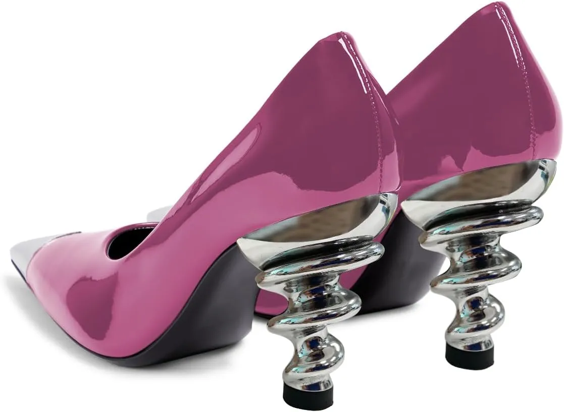 YDN Women Trendy Pumps Spiral Chunky High Heels Two Tone Slip On Metal Pointed Toe Shoes Office Business Size 4-16 US