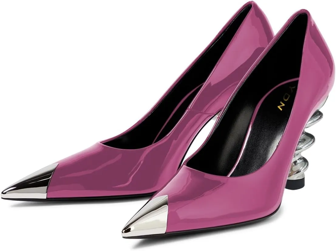 YDN Women Trendy Pumps Spiral Chunky High Heels Two Tone Slip On Metal Pointed Toe Shoes Office Business Size 4-16 US