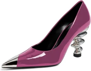 YDN Women Trendy Pumps Spiral Chunky High Heels Two Tone Slip On Metal Pointed Toe Shoes Office Business Size 4-16 US