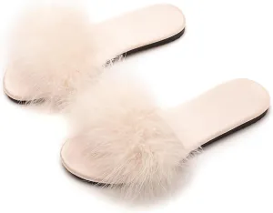 YIBLBOX Women's Feather Slippers Fluffy Fur Flat Sandal Sexy Home Outdoor Slippers for Wedding Party Dance Evening