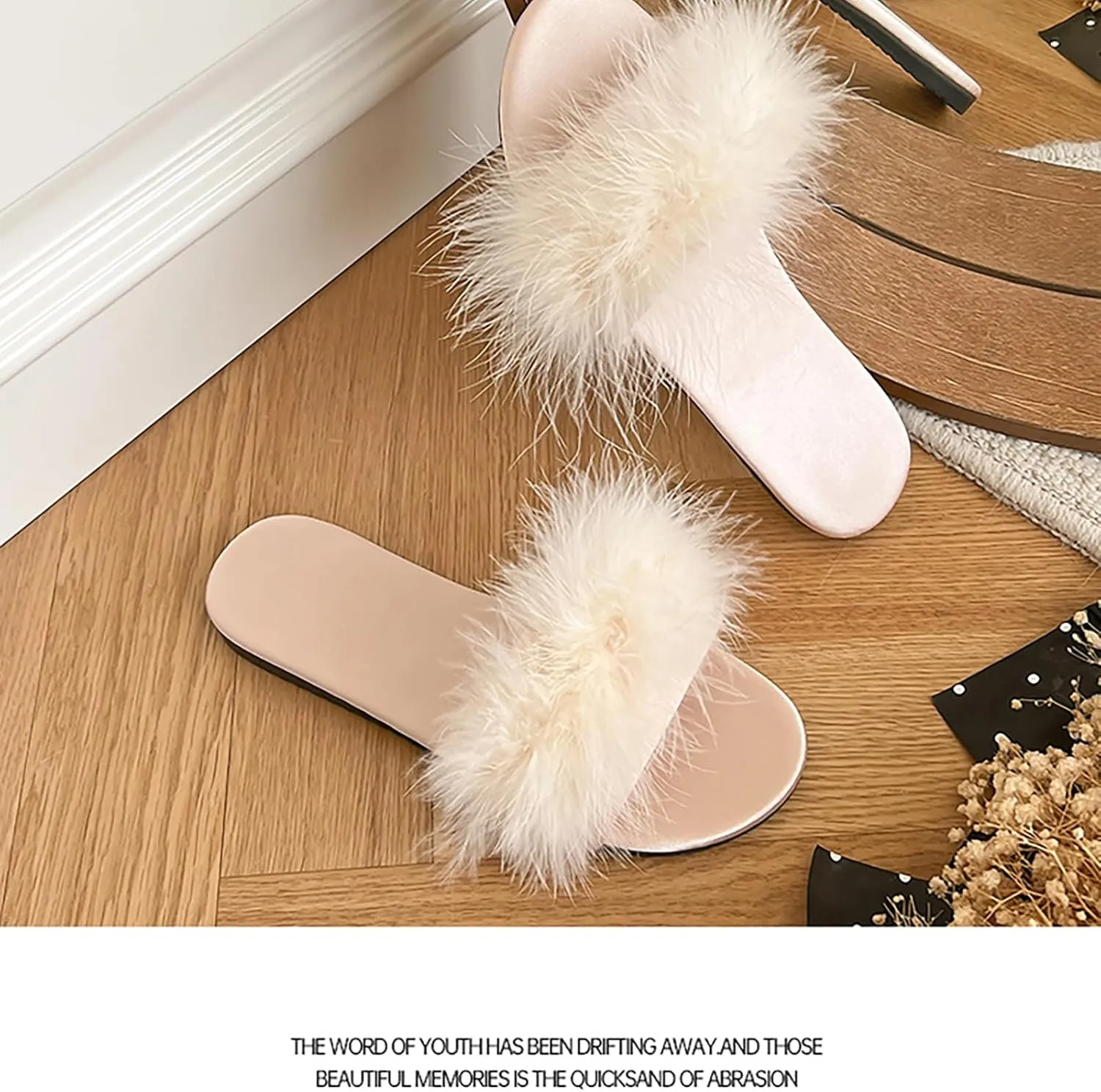 YIBLBOX Women's Feather Slippers Fluffy Fur Flat Sandal Sexy Home Outdoor Slippers for Wedding Party Dance Evening