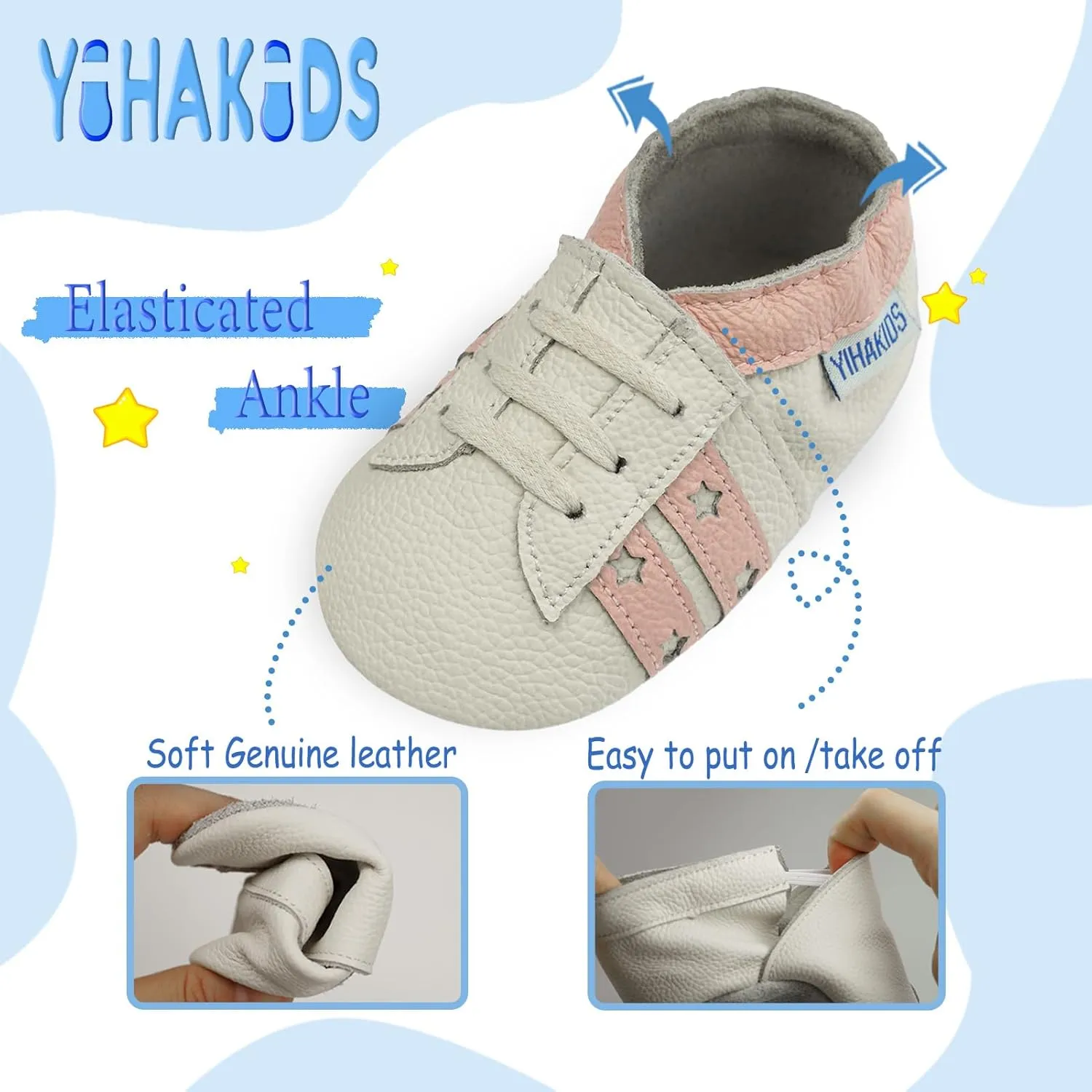 YIHAKIDS Baby Leather Shoes Soft Sole First Walking Moccasins Infants Toddler Boys Girls Crawling Slippers Slip-on Shoes with Elastic Ankle