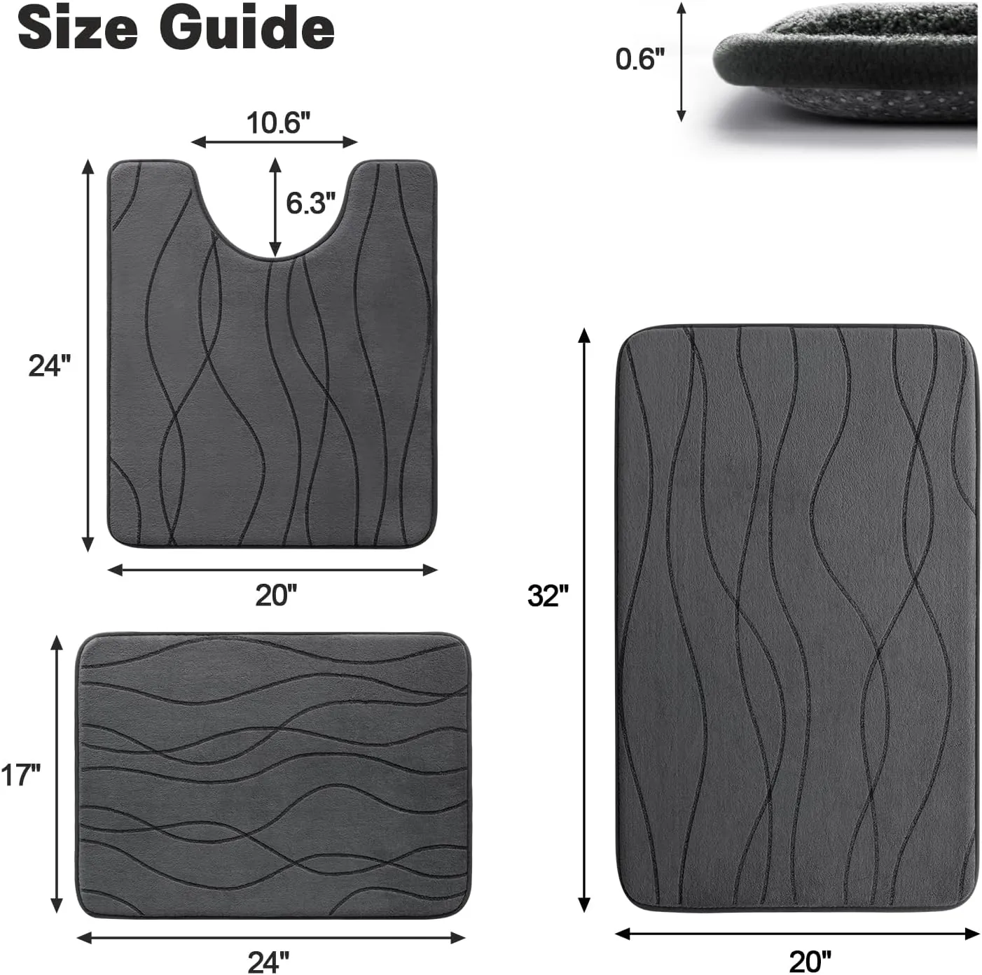 YIHOUSE Memory Foam Bathroom Rug Set, 3 Pieces - Dark Grey (Ultra Soft, Absorbent, Non-Slip, Machine Washable)