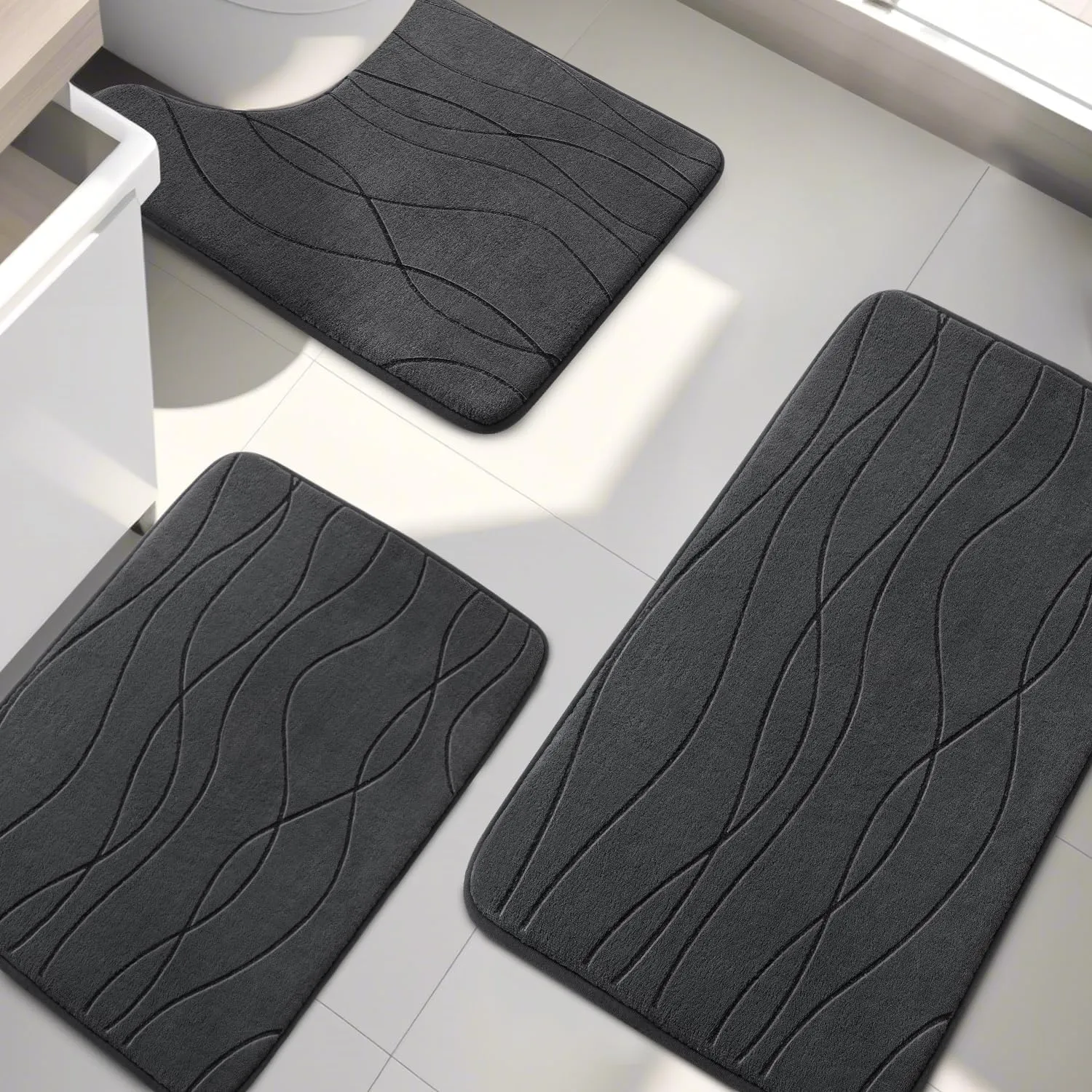 YIHOUSE Memory Foam Bathroom Rug Set, 3 Pieces - Dark Grey (Ultra Soft, Absorbent, Non-Slip, Machine Washable)