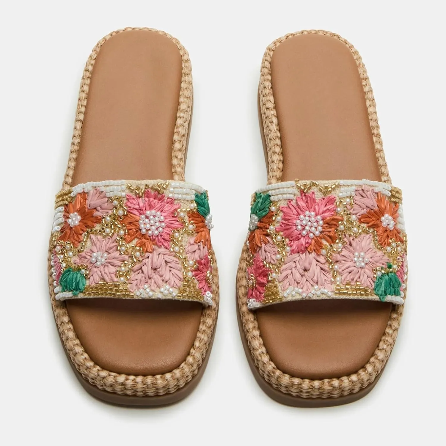 Yishaweiqi Raffia Platform Sandals for Women Slip On Open Square Toe Espadrille Wedges Woven Straw Crochet Beach Slide Sandals