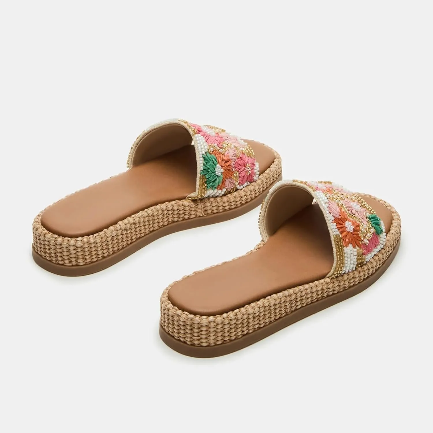 Yishaweiqi Raffia Platform Sandals for Women Slip On Open Square Toe Espadrille Wedges Woven Straw Crochet Beach Slide Sandals