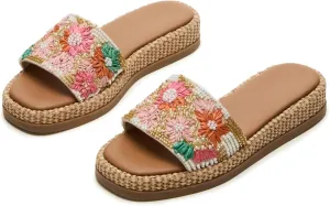 Yishaweiqi Raffia Platform Sandals for Women Slip On Open Square Toe Espadrille Wedges Woven Straw Crochet Beach Slide Sandals