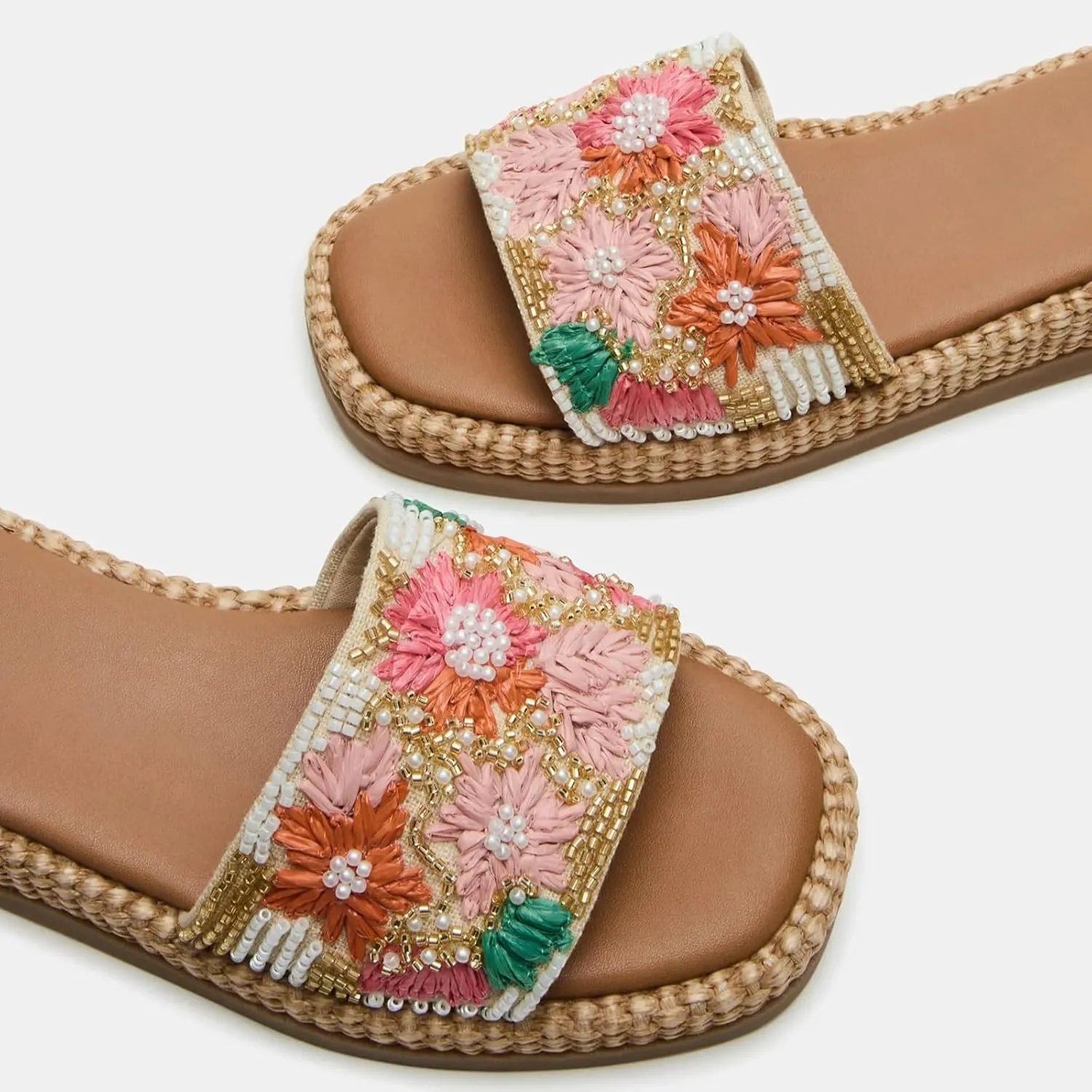 Yishaweiqi Raffia Platform Sandals for Women Slip On Open Square Toe Espadrille Wedges Woven Straw Crochet Beach Slide Sandals