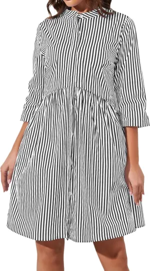Ythomm Womens Striped Shirt Dresses Casual Button Down Collared Tunic Blouse Mini Dress Loose Fit 3/4 Sleeve Patchwork Dress Black