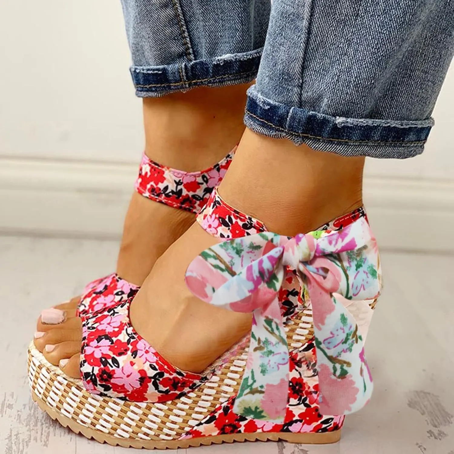 ZKXYFFS Womens' Wedge Platform Sandals Espadrille Bowknot Sandals Platform Floral Printed Slingback Open Toe Sandals