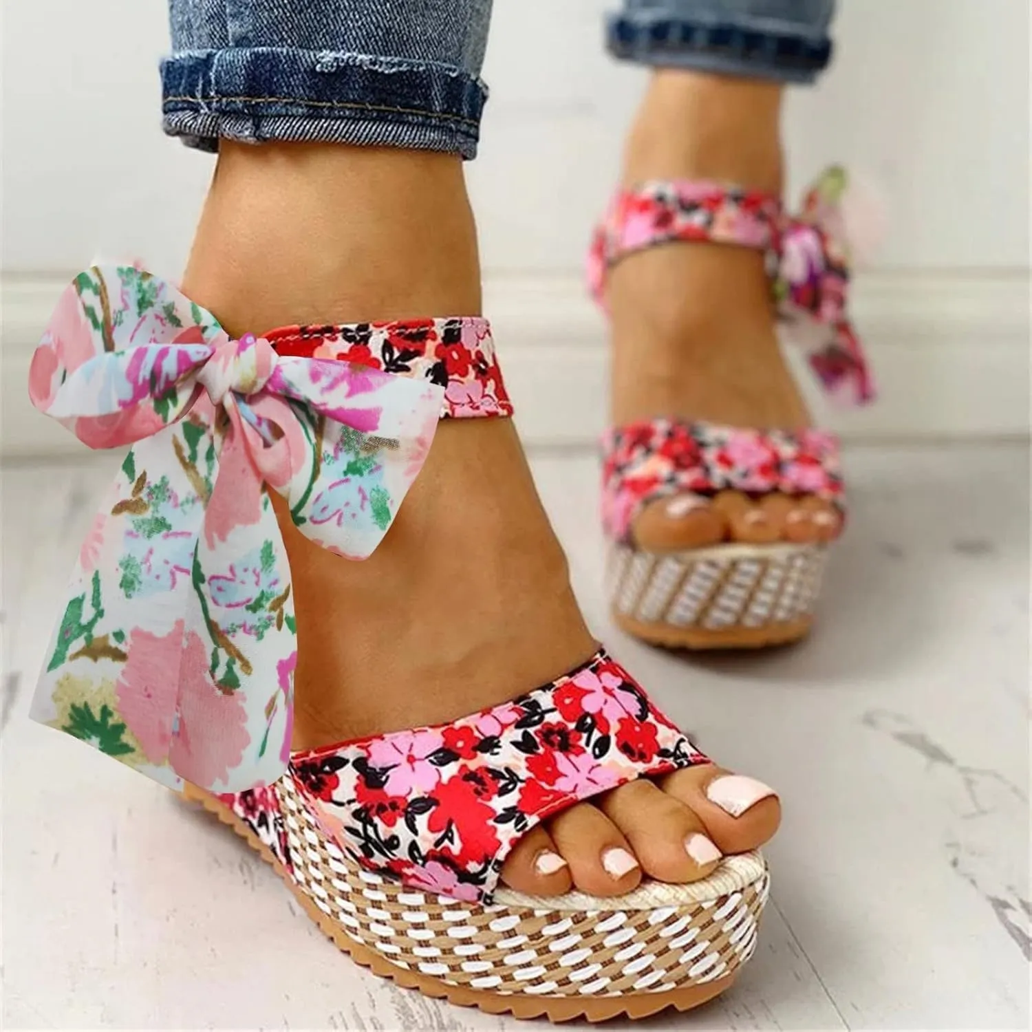 ZKXYFFS Womens' Wedge Platform Sandals Espadrille Bowknot Sandals Platform Floral Printed Slingback Open Toe Sandals
